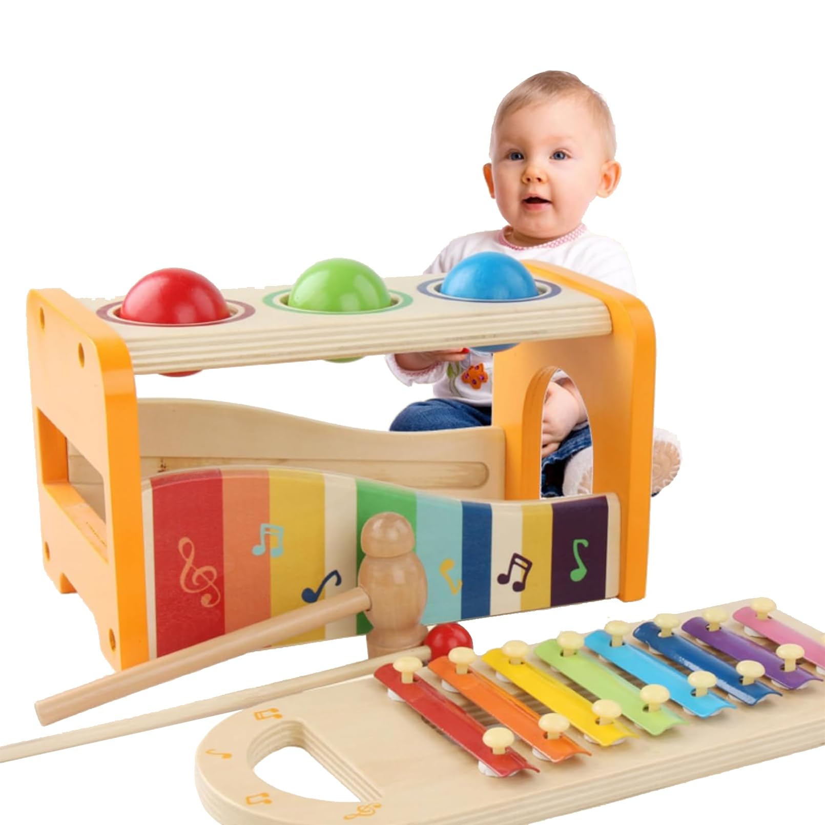 AM ANNAMusical Pounding Toy for Educational Play for Baby Toys 6-12 Months,  Wooden Montessori Baby Musical Toys with Hammer and Slide Out Xylophone