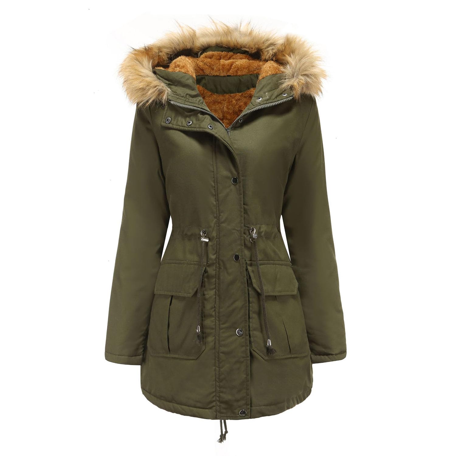 Frauen Winterjacke Kunstpelz Kapuze Baumwolle Gepolstert Mantel Damen Parka Oberbekleidung Zip Up Plus Size Solid Outdoor Sportbekleidung,Green,4XL(Chest:141cm)