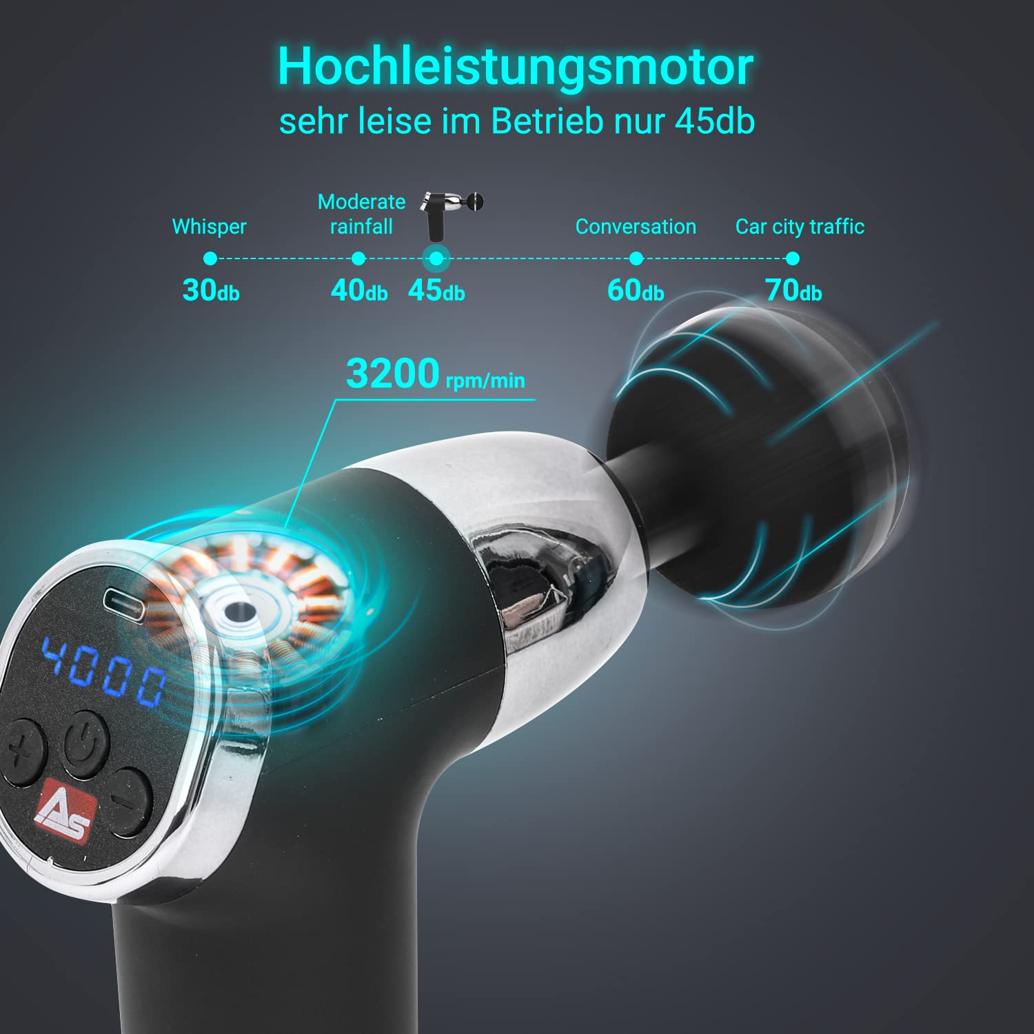 AsVIVA MGN2 Massagepistole in Schwarz I Physiovibe S Massage Gun I Vier austauschbare Massageköpfe I 20 Intensitätsstufen I Massage für die Gesundheit I Inklusive robuster Transporttasche