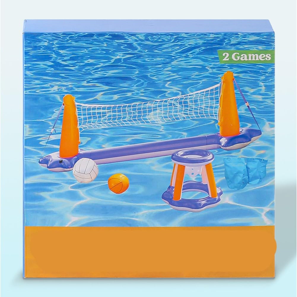 Aufblasbares Schwimmbecken-Spielset mit Volleyballnetz und Basketballkorb, robustes PVC-Wasser für Poolpartys, kindersicher nach EU-Norm, schnell aufbaubar für Kinder und Erwachsene, 120x38x30 Zoll