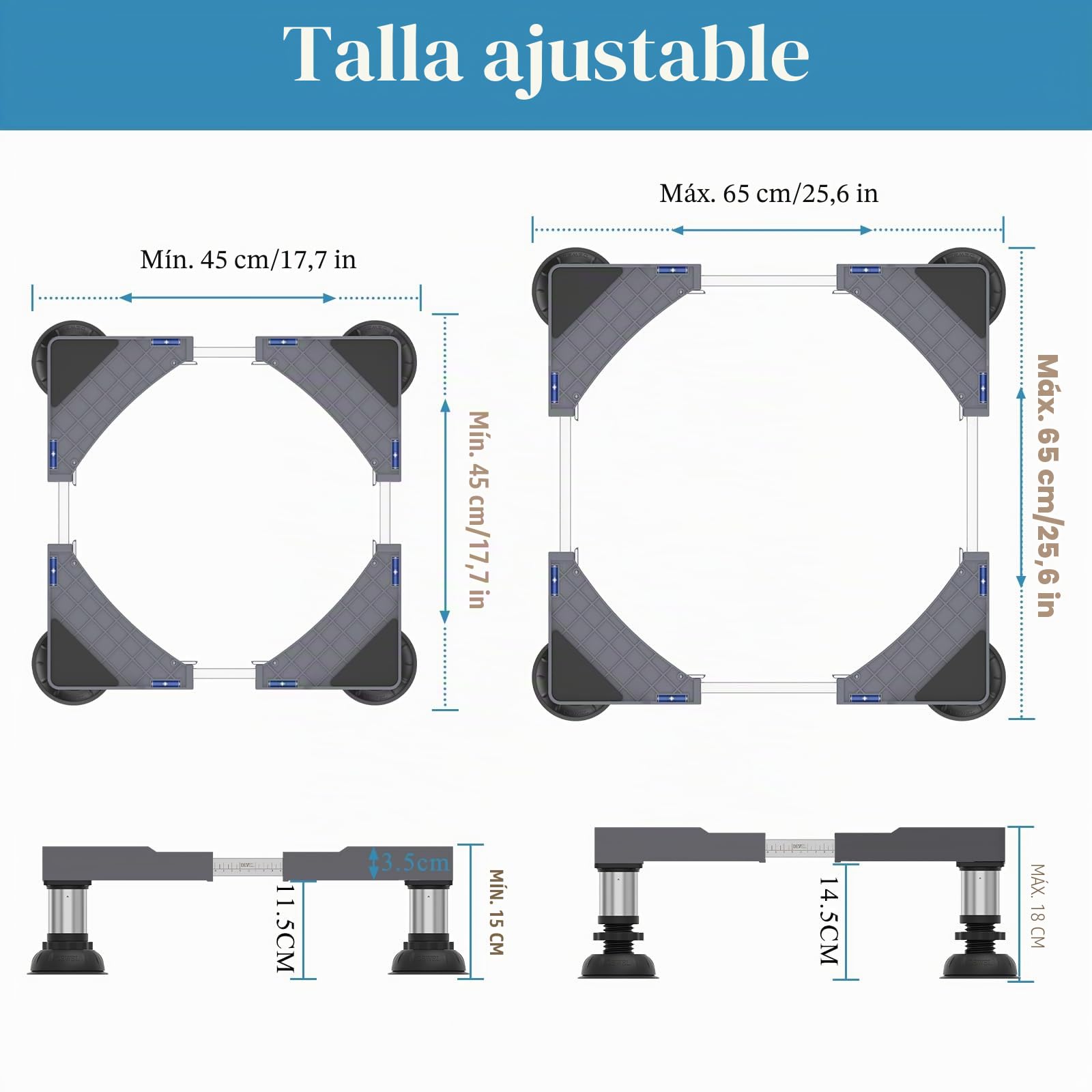 DEWEL Base Lavadora, Soporte para Lavadora Secadora Frigorífico con 4 Pies de Acero Inoxidable, Base Elevador Lavadora Ajustable Ancho/Longitud 45-65cm, Altura 15-18cm, Carga 250kg (Gris)