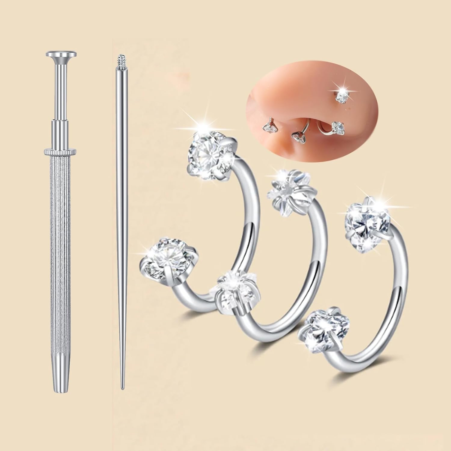 MODRSA Silver Gold Horseshoe Nose Ring 18g Double Gem Horse Shoe Nose Ring Hoop for Women Surgical Steel Half Hoop U Shape Tragus Earring Hoops Labret Lip Helix Piercing Jewelry Septum Rings 18 gauge - Image 2