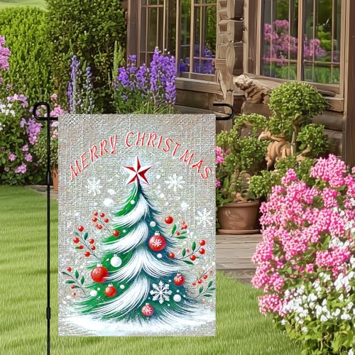 Image of BlissYard Christmas Garden Flag 12x18 Inch Tree Red Berries Yard Decor | Double sided polyester, tree red berries design, classic holiday home decor for Christmas porch and yard