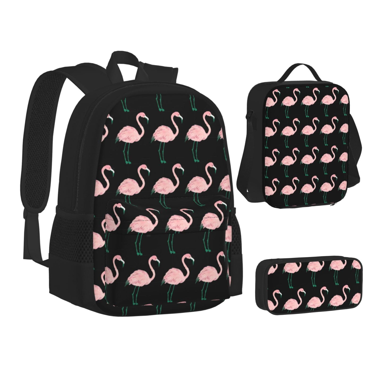 Juego de 3 mochilas escolares pintadas a mano con estampado de pájaro flamenco, gran capacidad, resistente al agua, mochila para laptop con bolsa de almuerzo aislada y estuche para lápices