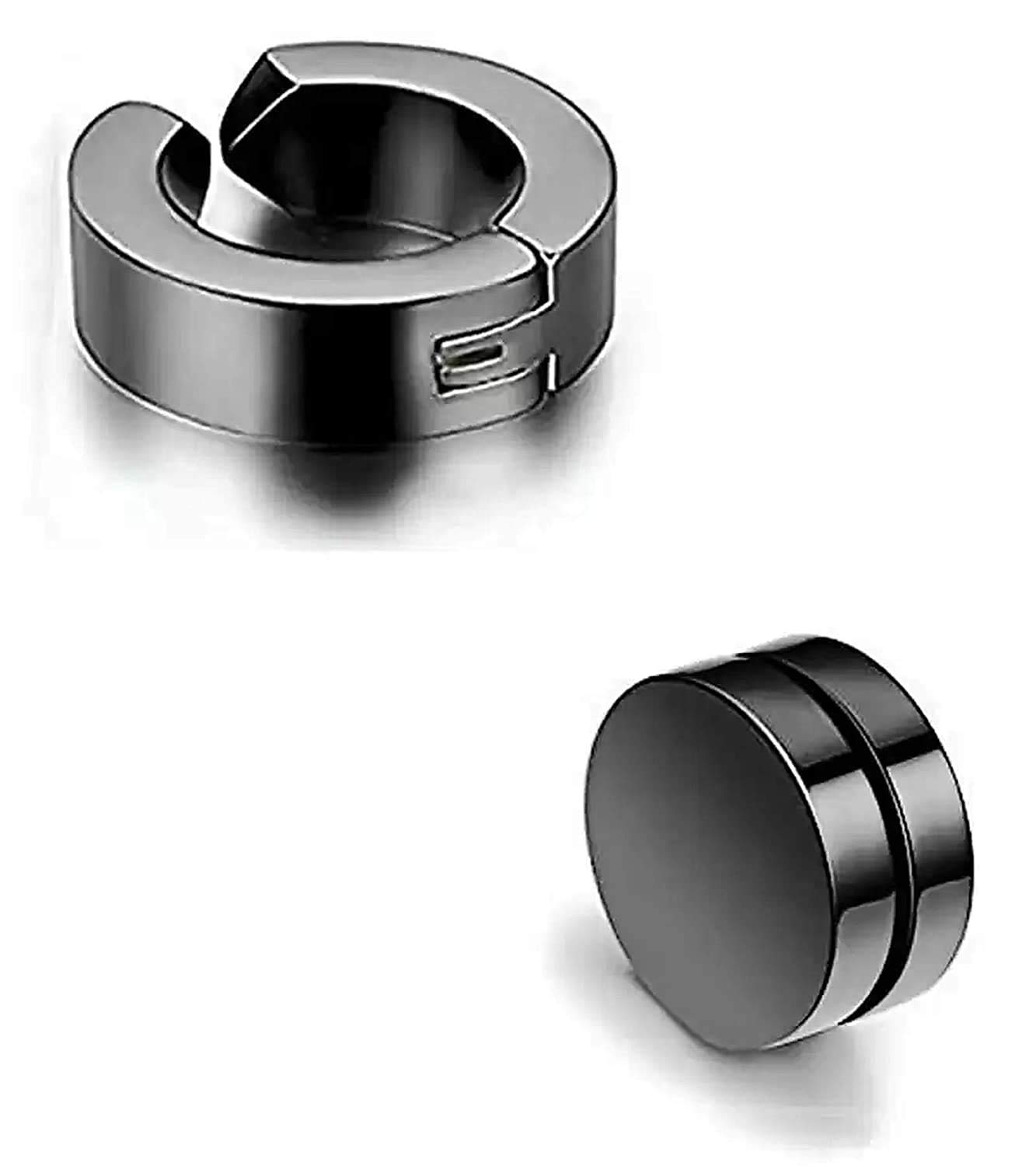 Black, Metal Non-Piercing Earrings Combo for 1 Pieces Stainless Steel Stud and 1 Pieces Magnetic Earrings for Men | Women - Pack of 2