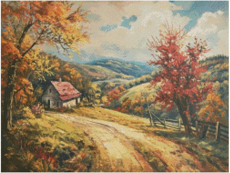 Kit broderie point de croix compté coton motif colline automne pour vaincre l'ennui