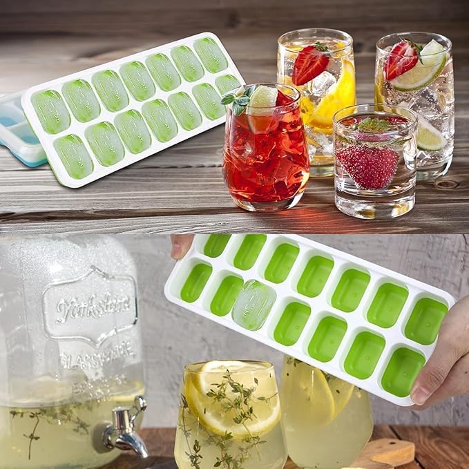Image of ice Cube Tray with Lid - BPA Free Flexible Silicone Ice Maker Mold, Easy-Release 14-Cavity Ice Cube Trays for Freezer (Set of 2 -Green)