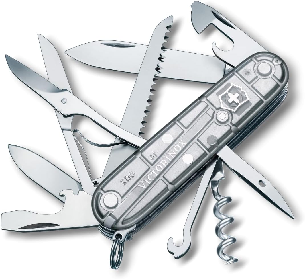 Huntsman Swiss Army Knife, 15 Functions, Swiss Made Pocket Knife with Large Blade, Screwdriver, Scissors and Wood Saw - Silver Tech