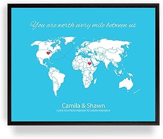 [SF Customizables] Custom Long Distance Love World Map, International Relationship Print, Wall Art Print, Engagement Wedding Gift, Friend Family Moving Away Gift [Framed Poster]
