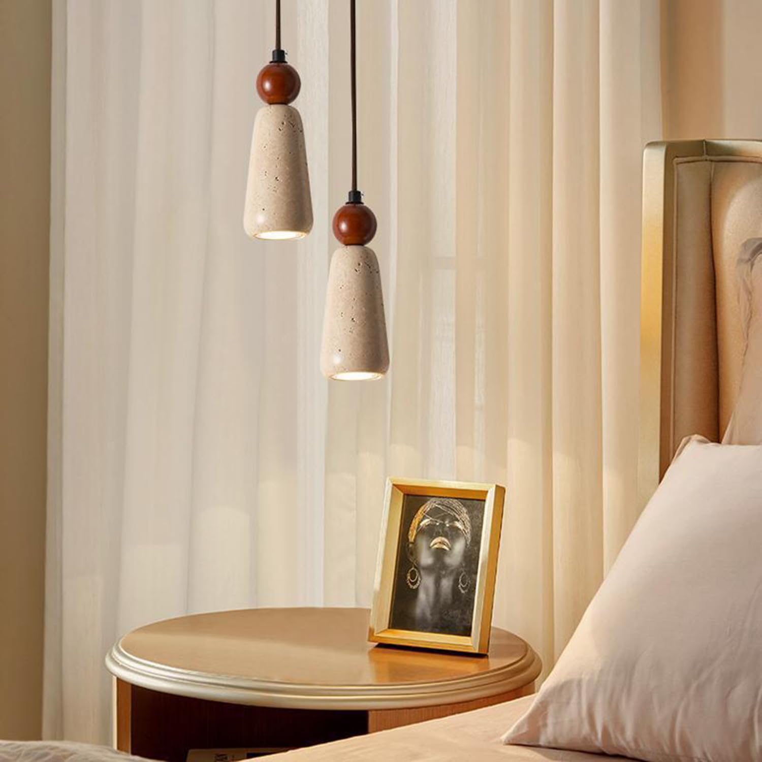 Paralume a sospensione in travertino stile vintage 7,8 pollici Lampada a Base in pietra porosa Apparecchio di illuminazione a soffitto con accenti in legno(Walnut colour)