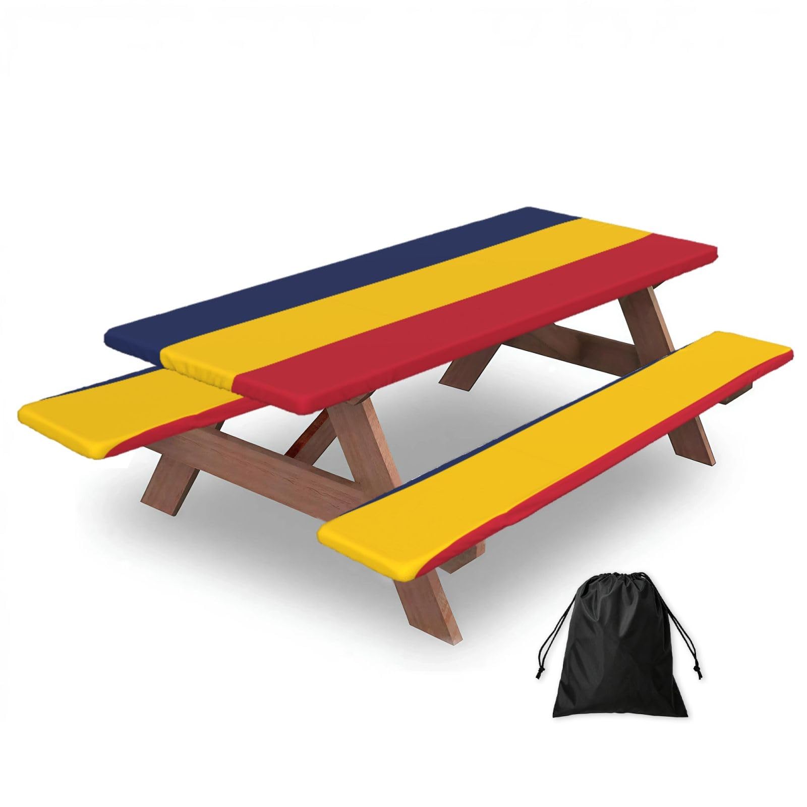 Hhbiuuo Black 72In Camping Table Cover & Bench Covers 3-Pack Set, Flag Of Chad Print Tablecloths, For Rectangle Tables Picnic