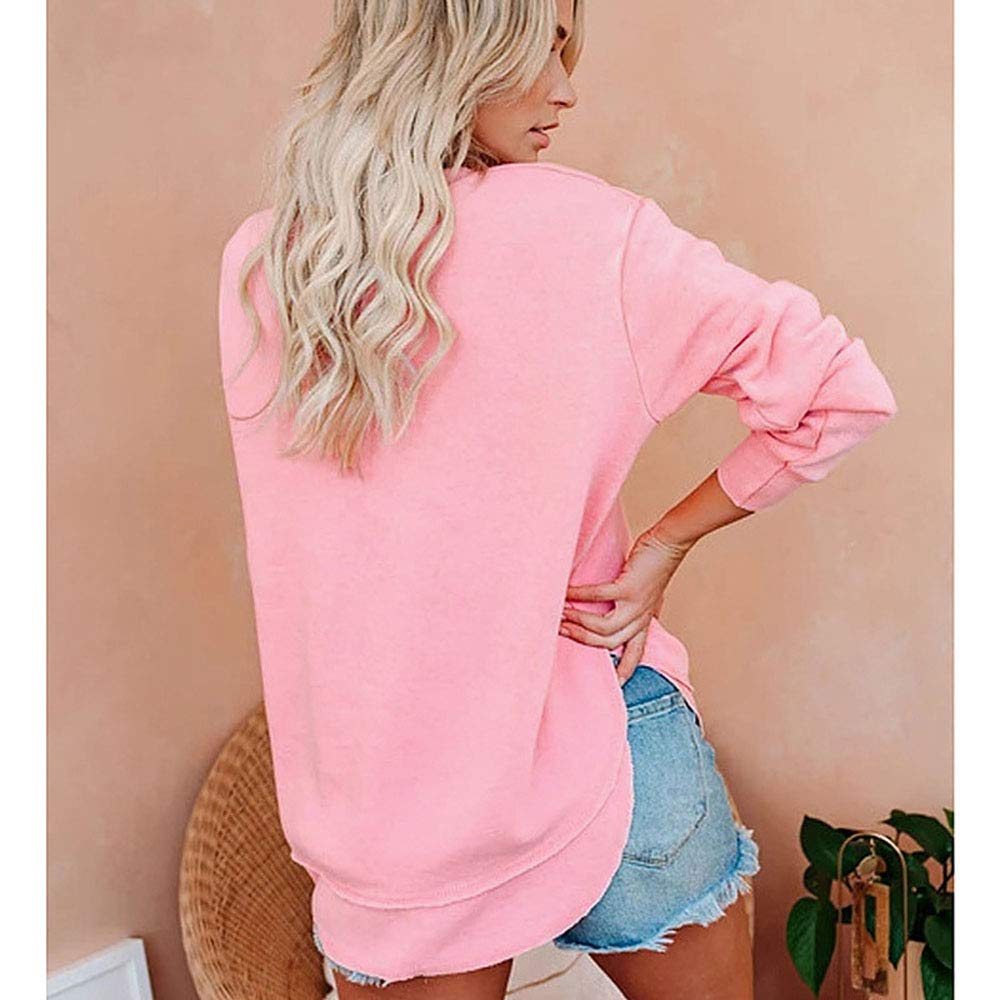Damskie bluzy podstawowe z odkrytymi ramionami długie rękawy lekka bluzka z okrągłym dekoltem topy gładka tunika z rozcięciem boczny top, różowy, 3XL