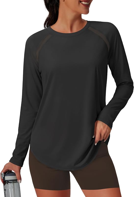 NIASHOT remera de entrenamiento para mujer de manga larga para gimnasio deportivo con protección UV Camisa de sol | Diseño de panel de malla Agujeros para los pulgares con dobladillo curvo para yoga Pilates UPF 50+ SPF Rash Guard Tejido ligero que absorbe la humedad Camisa de senderismo