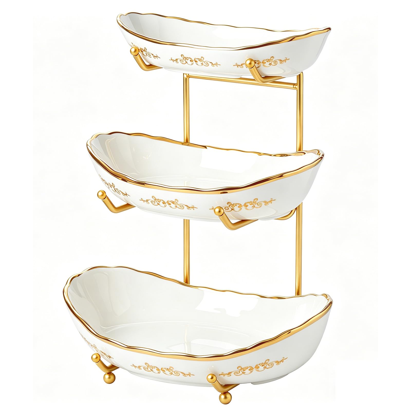 DUJUST 3 Tier Fruit Bowl, Luxury Ceramic Fruit Stand with Gold Scrollwork, Stackable & Easy to Store, Multifunctional Serving Tray for Fruit/Vegetables/Snacks - White Gold — image 1