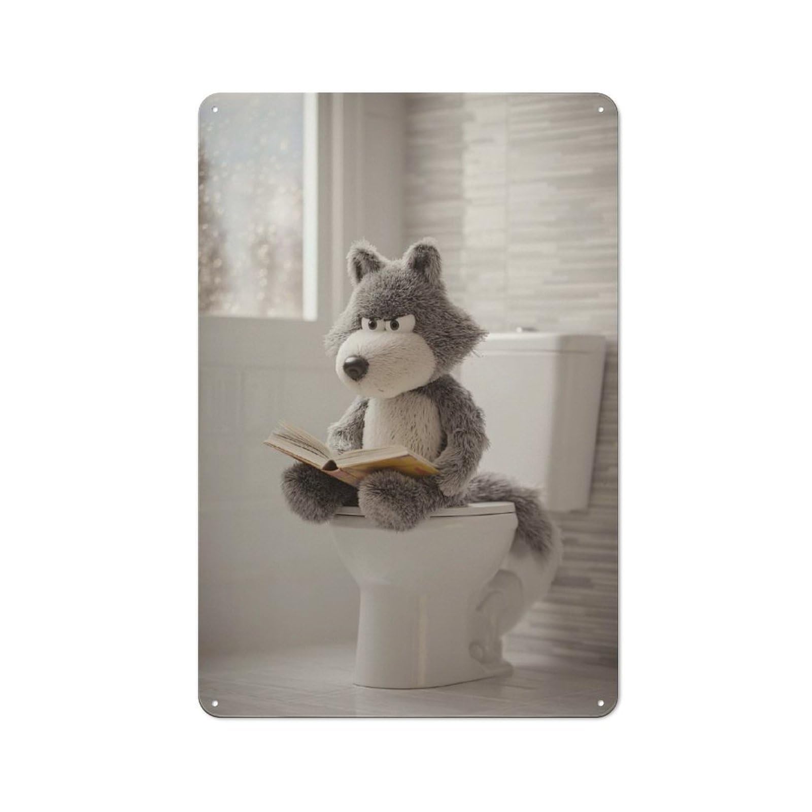 Junmoney Style-22 Loft Style Metal Wall Sign 30X20cm Featuring Wolf Plush Reading On Toilet, Studio Wall Art For Loft, Studio, Office Or Creative Room