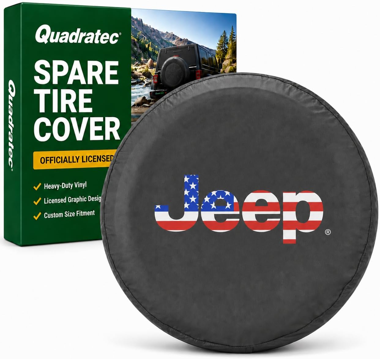 Quadratec Officially Licensed Spare Tire Cover - Fits Jeep Wrangler CJ, YJ, TJ, LJ & JK 1955-2018 - Heavy-Duty Waterproof Vinyl Spare Tire Guard (Jeep Flag Logo, 32" - 33")