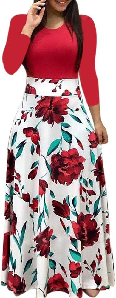 Women's Bohemian Polka Dots Floral Print O-Neck Long Sleeve A-Line High Waist Long Beach Casual Maxi Dress