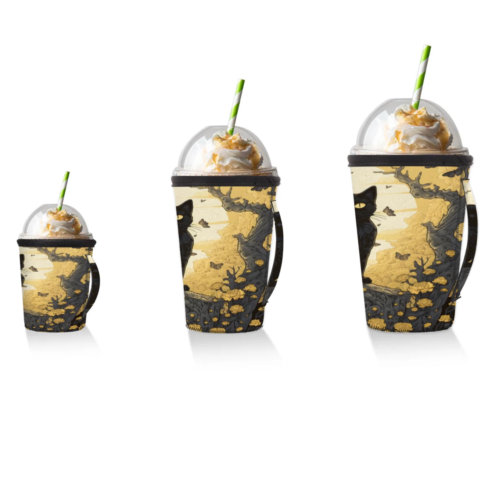 Branch Cat Moon Reusable Neoprene Coffee Sleeve with Handle Insulated Iced Coffee Cup Holder Reduces Condensation Fits 24-28 oz Cups M