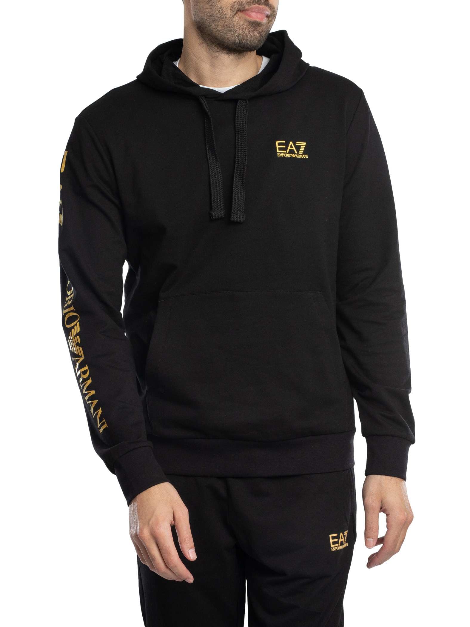 Ea7 Men's Black/Gold Chest Logo Pullover Hoodie, M