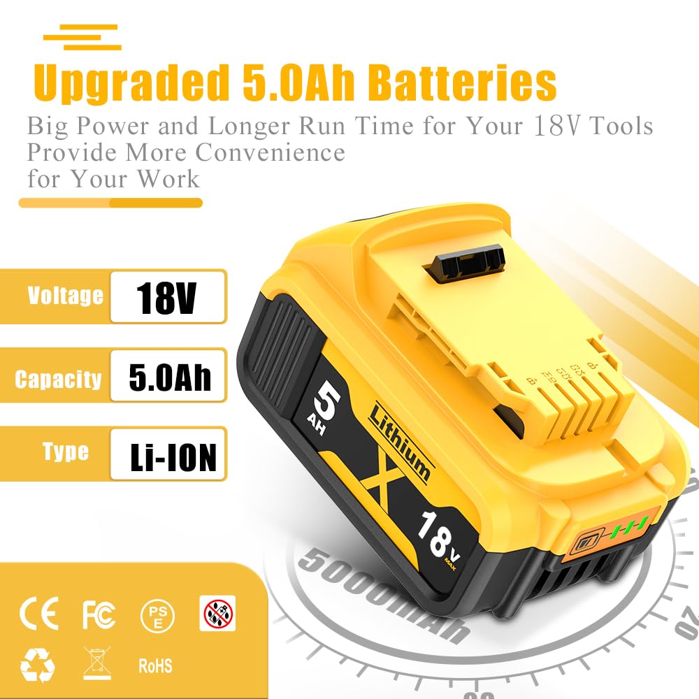 2 Stück 5000mAh DCB182 Ersatzakku für Dewalt Akku 18V, 5 Ah Ersatz für Dewalt Batteries DCB200 DCB184 DCB101 DCB107 DCB112 DCB105 DCB115 DCB203 mit LED Werkzeugakku
