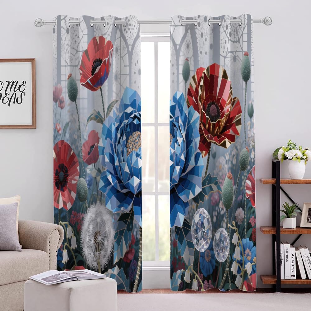 Abstract Flowers Leaves Blackout Curtains 2 Panels, White Dandelion Plant 3D Printed Top Grommet Drapes for Sliding Glass Door Bedroom Living Room boy Girl Bedroom Kitchen(104" W x 63 "L)