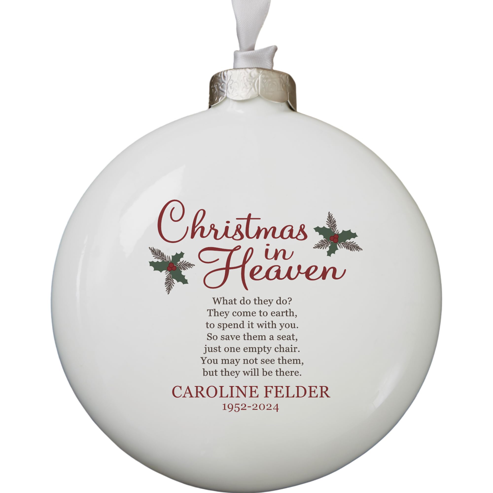 Personalization Universe Christmas in Heaven Personalized Premium Memorial Ornament - Porcelain, 3-D Disc Shape, Indoor Only, Satin Hanger, Bow, 4