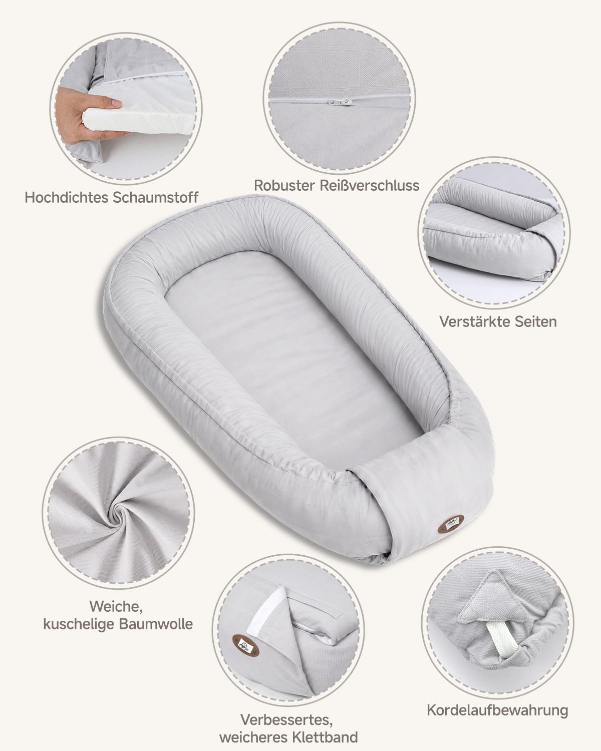 Babynest Neugeborene 95x56cm,Vollständig Abnehmbar Nestchen Baby,Waschbar Verstellbar Babynestchen Tragbar,Multifunktional Kuschelnest für Jungen und Mädchen,Grau