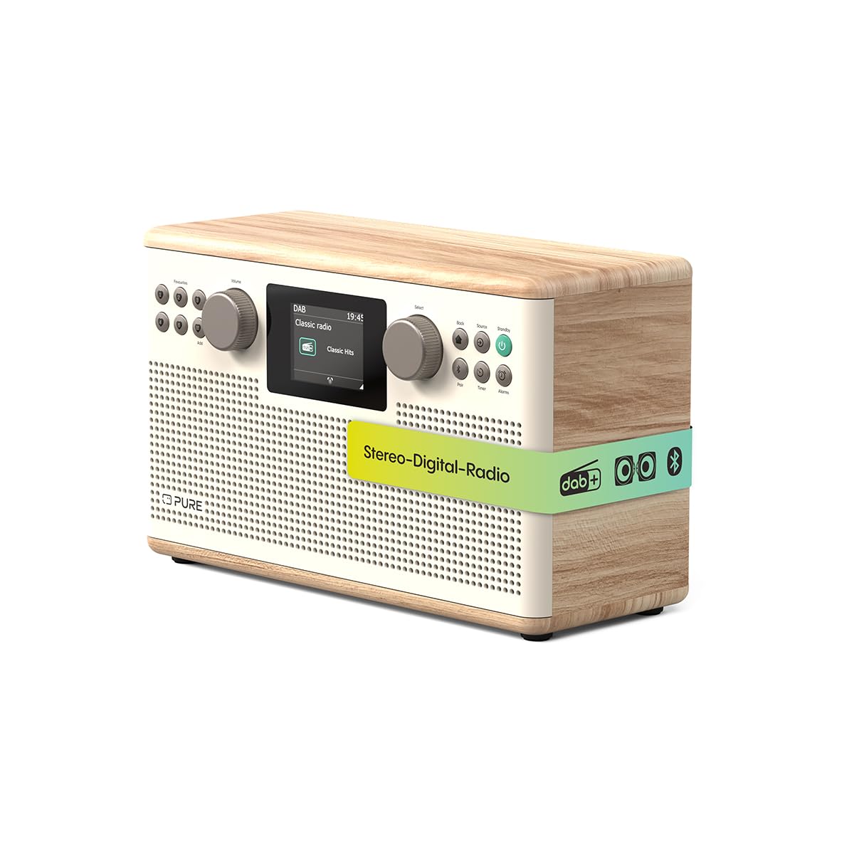 Pure Classic H6 Chaîne stéréo Hi-Fi et chaîne musicale avec radio DAB+ FM Bluetooth 5.3 USB?A & AUX 2,4" Télécommande couleur TFT double réveil, minuterie de sommeil et de cuisine 2 x 15 W 80 mémoires