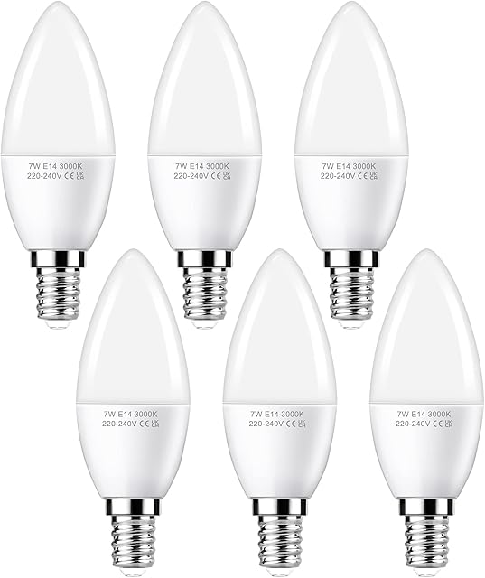 60W Equivalent E14 LED Candle Bulb, Small Edison Screw SES E14 LED Light Bulbs, 600LM 7W LED E14 Candle Light Bulbs 3000K Warm White Incandescent Bulb, Energy Saving Light Bulbs, Non-dimmable, 6 Pack