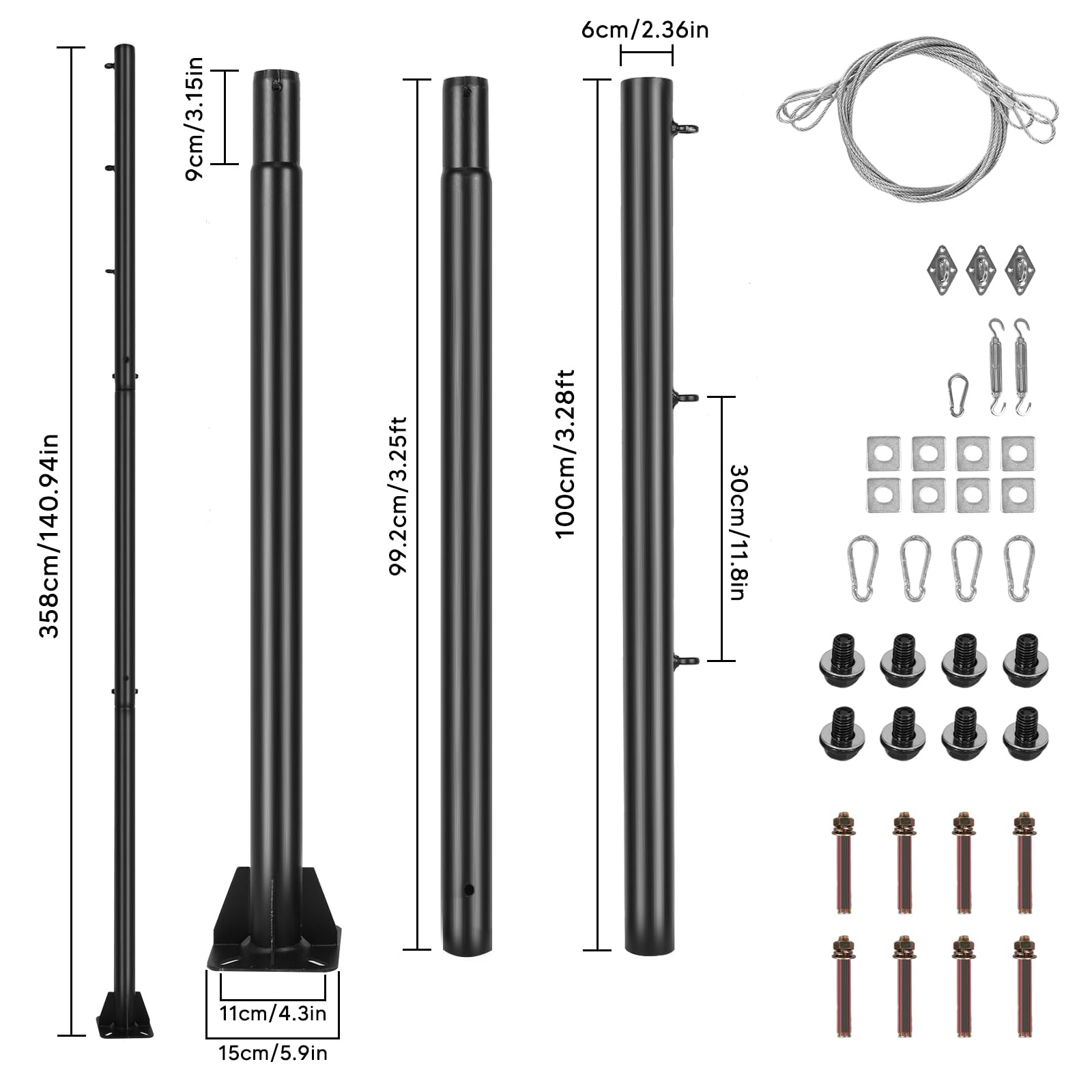 2er-Pack Sonnensegelmaste, 300cm Pfosten für Sonnensegel Metall, 61mm dicken Durchmesser Ständer Sonnensegel Befestigung Set für Garten Terrasse Hinterhof Rasen