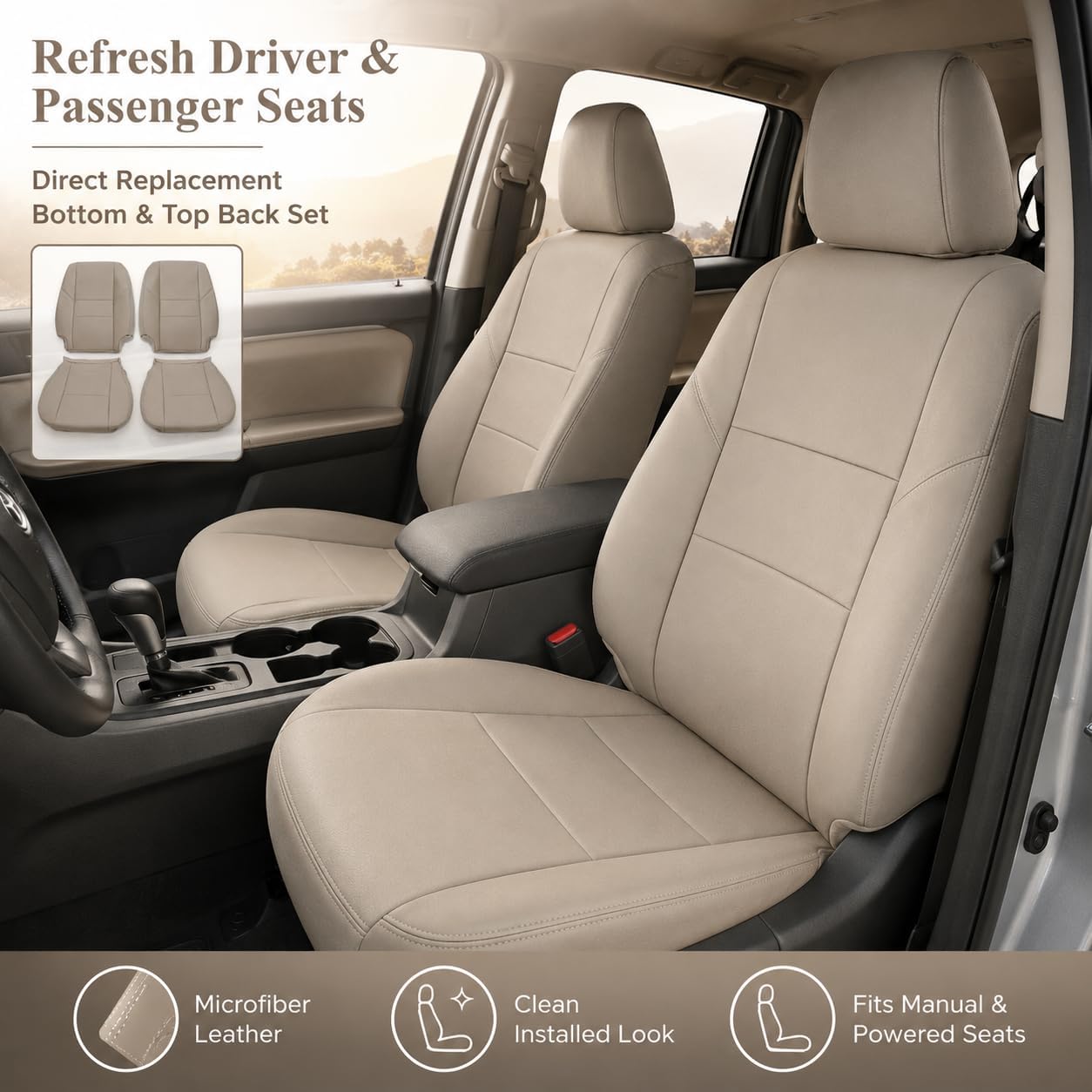 NLQR Front Driver and Passenger Side Bottom & Top Back Replacement Seat Covers Microfiber Leather Tan Compatible with Toyota Sequoia Tundra 2000 2001 2002 2003 2004 2005 2006