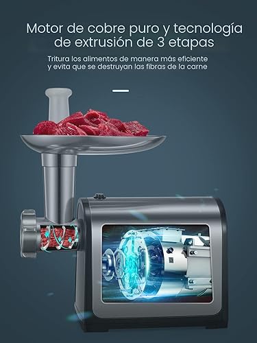 Miniatura 4 de Picadora de carne eléctrica, relleno de salchichas con 3 tubos de salchicha, 2 cuchillas, 3 placas, 3200W máx, picadora de carne de alta resistencia