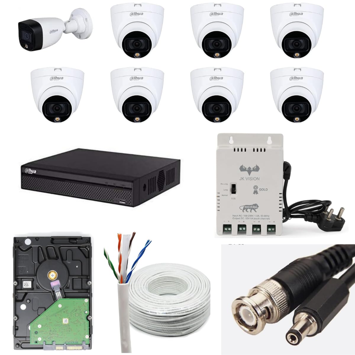Dahua 2MP with Color HD with Audio CCTV Camera Full Set, 1 Bullet, 7 Dome, 8 Channel DVR, 8 Channel JK Vision Power Supply, 1TB Hard Disk, 90 Meter Cable, BNC/DC Connector