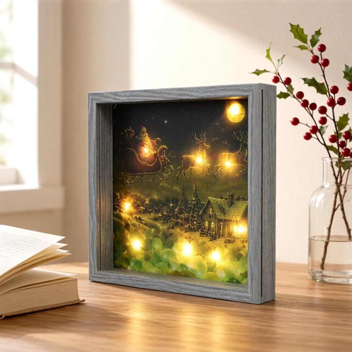 Weihnachtsdekorativer Fotorahmen mit LED Licht für Innen | Glasfront, Einfacher Fotowechsel, Festliche Beleuchtung, Wohnraum, Kamin oder Tisch, Winterliche Szene