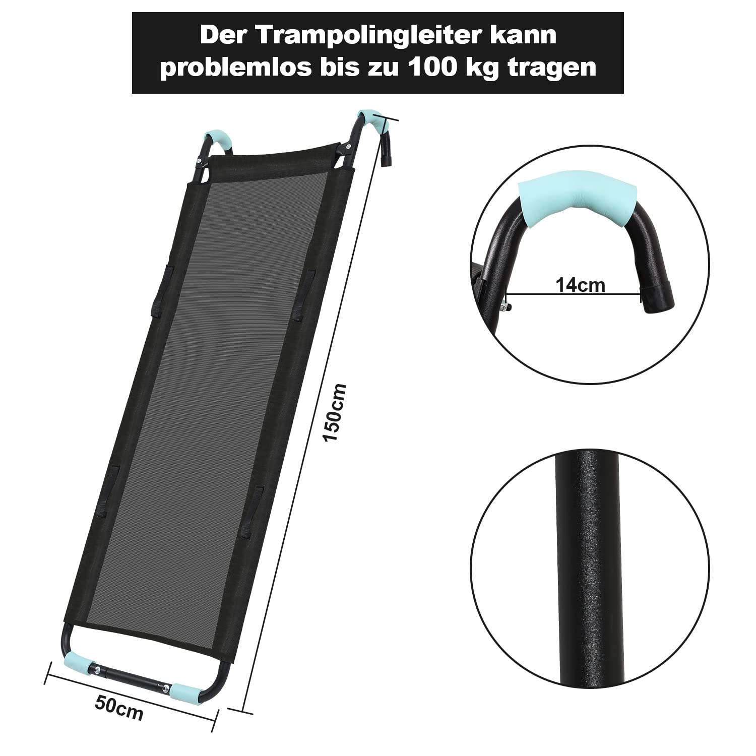Gimisgu Zjeżdżalnia do trampoliny 150 cm, łatwy montaż, bezpieczna drabinka, wystarczająco szeroka, uniwersalne akcesoria do trampoliny dla dzieci, obciążenie 100 kg