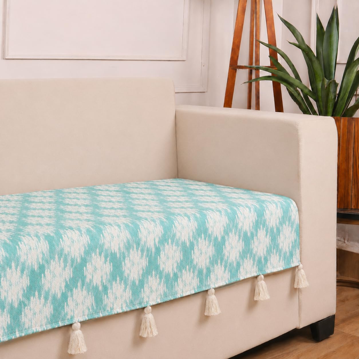 STITCHNEST 'Verdant Ikat Stories' 1 Seater Sofa Cover| Elegant Jacquard Fabric, Decorative Tassels, Washable & Durable for Modern Living