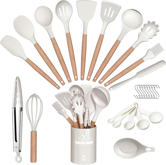 29PCS Kitchen Utensils Set - Nonstick, Heat Resistant Silicone Cookware with Wooden Handle, Spatula Spoon Tongs Set, Kitchen Tools & Accessories for Cooking (White)