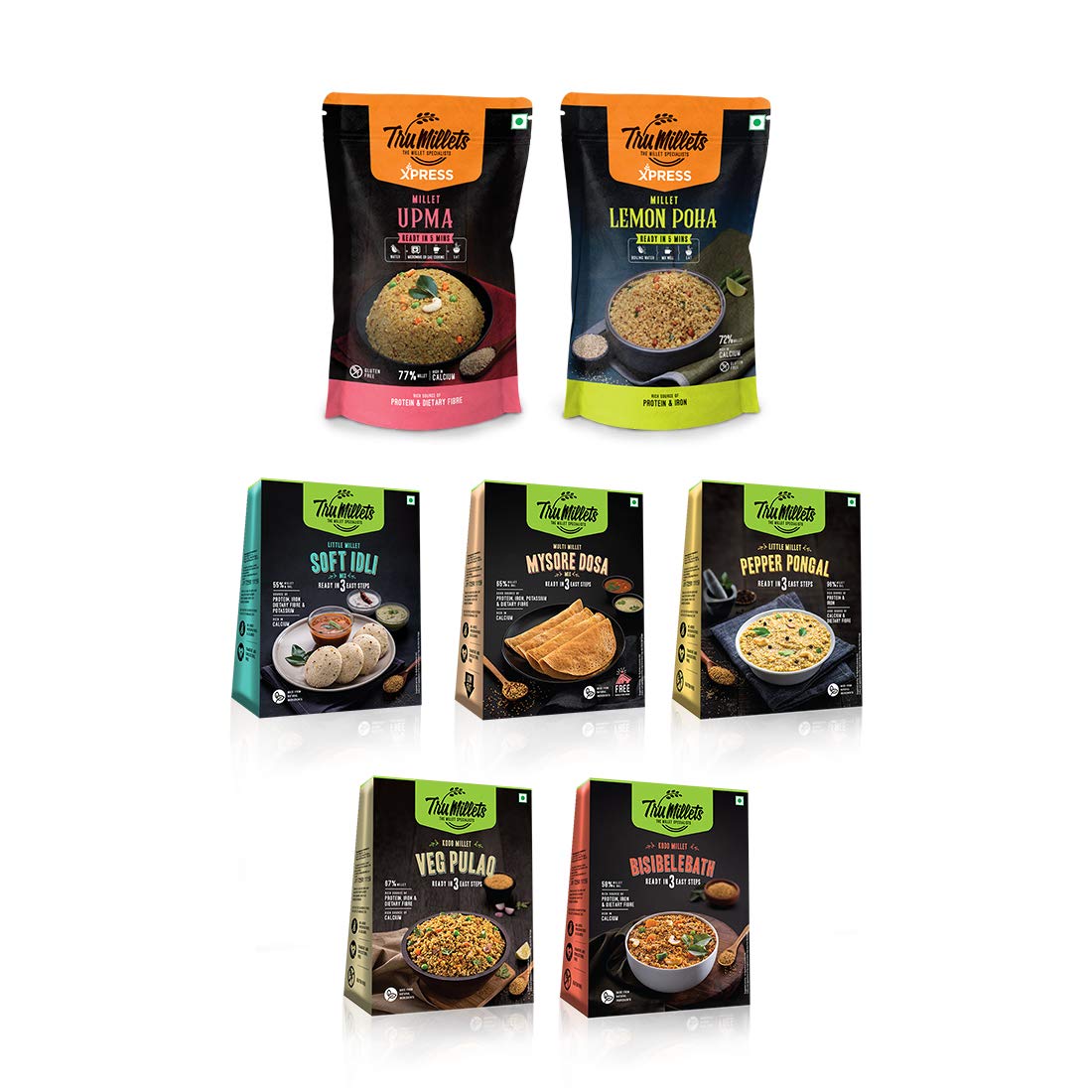 Trumillets Healthy Millet Instant Mix Breakfast Combo Pack of 7 (Veg Pulao, Masala Dosa, Soft Idli, Lemon Poha, Bisibelebath, Upma & Pepper Pongal) (B08D7PD1L8) Amazon Price History, Amazon Price Tracker