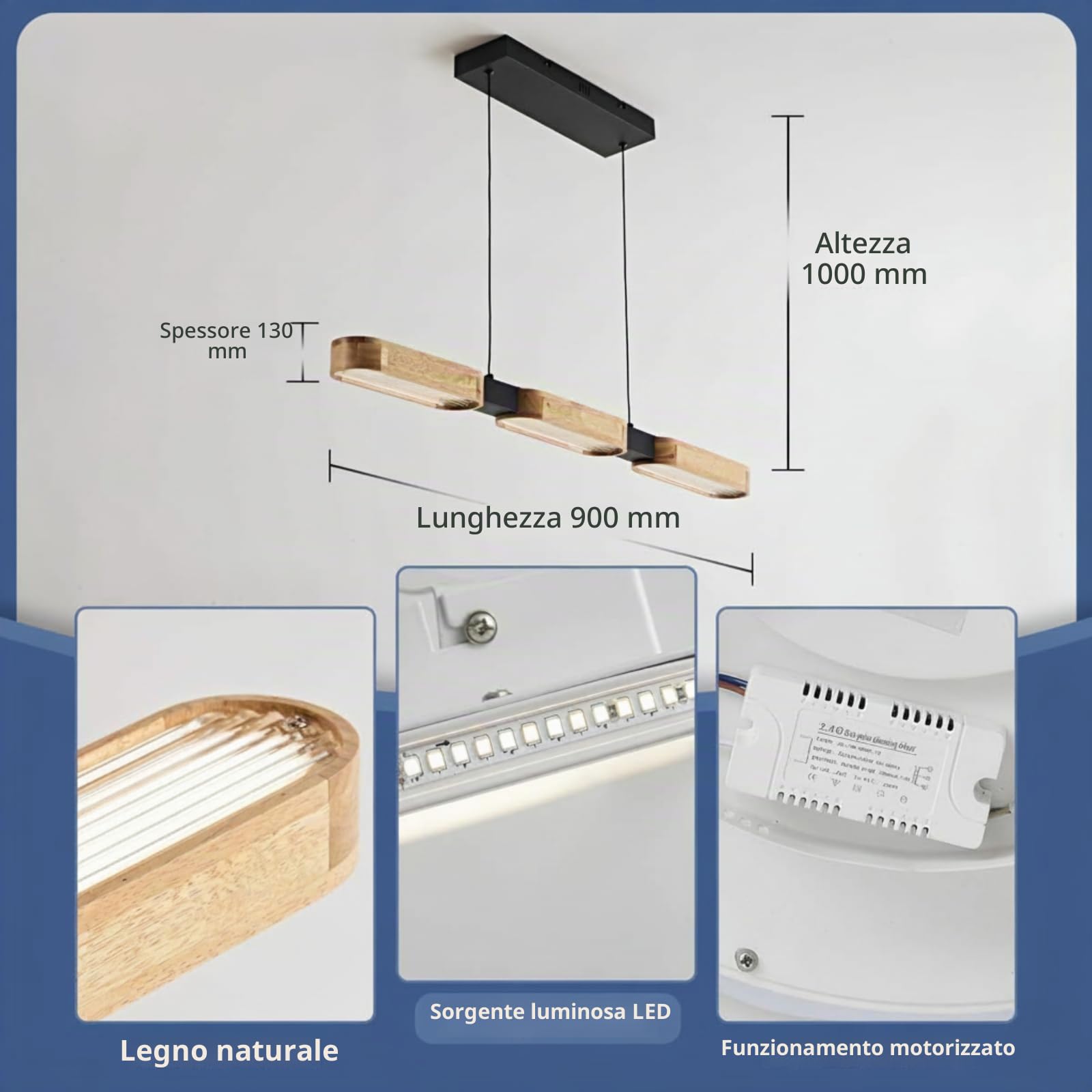 Lampadario da cucina moderno in legno, 90 cm, lampada a LED per sala da pranzo e isola cucina, dimmerabile 3000 K-6500 K, con telecomando e funzione memoria