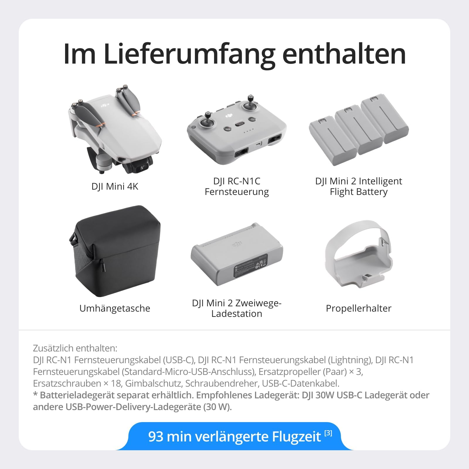 DJI Mini 4K Fly More Combo Drohne 4K UHD Kamera unter 249 g 3-Achsen Gimbal 10 km Videoübertragung 3 Akkus 93 min Flugzeit C0
