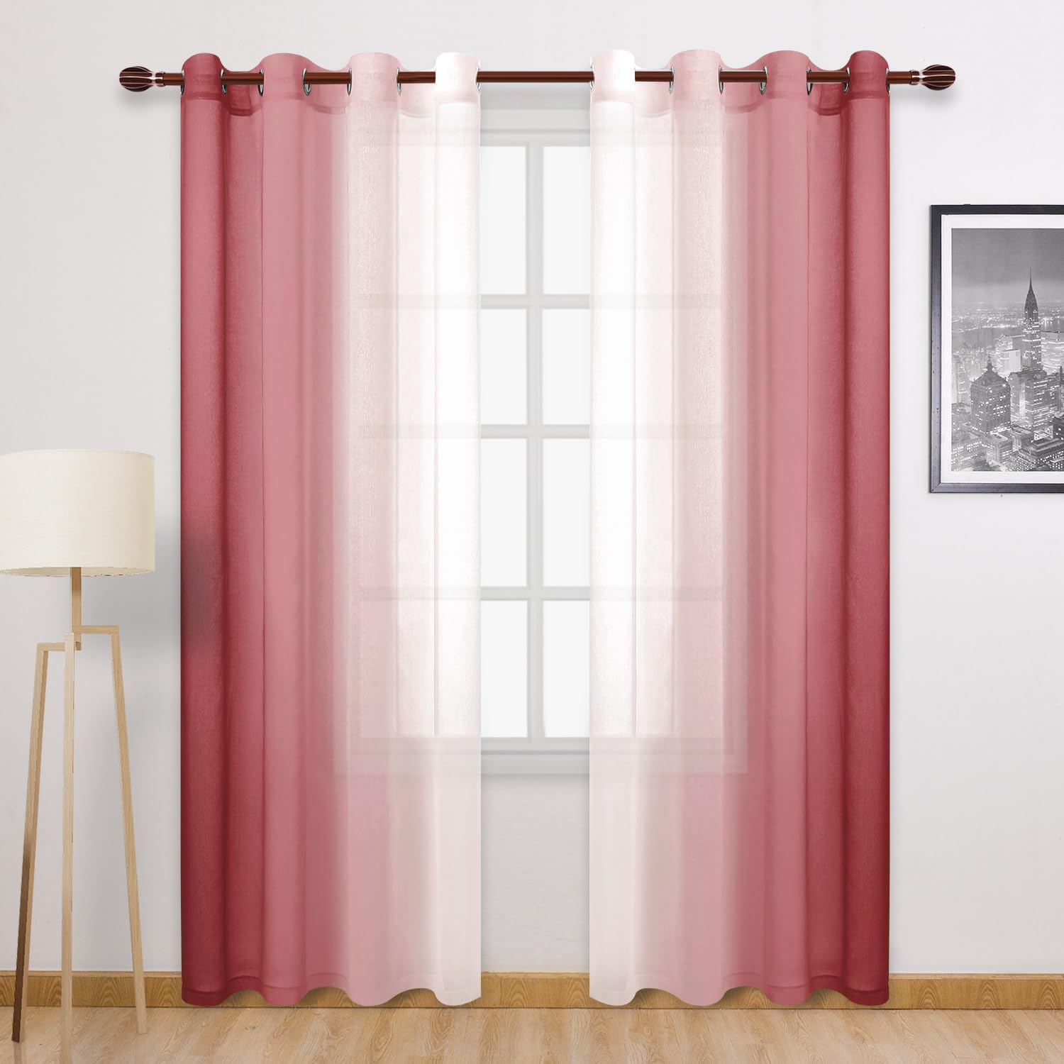 DWCN Transparent Ombre Curtains Faux Linen Semi Voile Gradient for Bedroom Living Room 132 x 213 cm Length Set of 2 Window Panels Burgundy — image 1