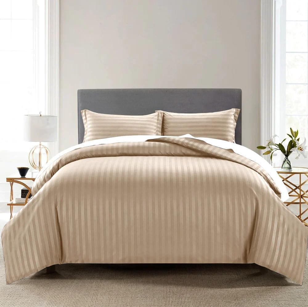 100% Cotton Duvet Cover for Queen Bed with Zipper (90x95 Inch)-Taupe Stripe-image-20