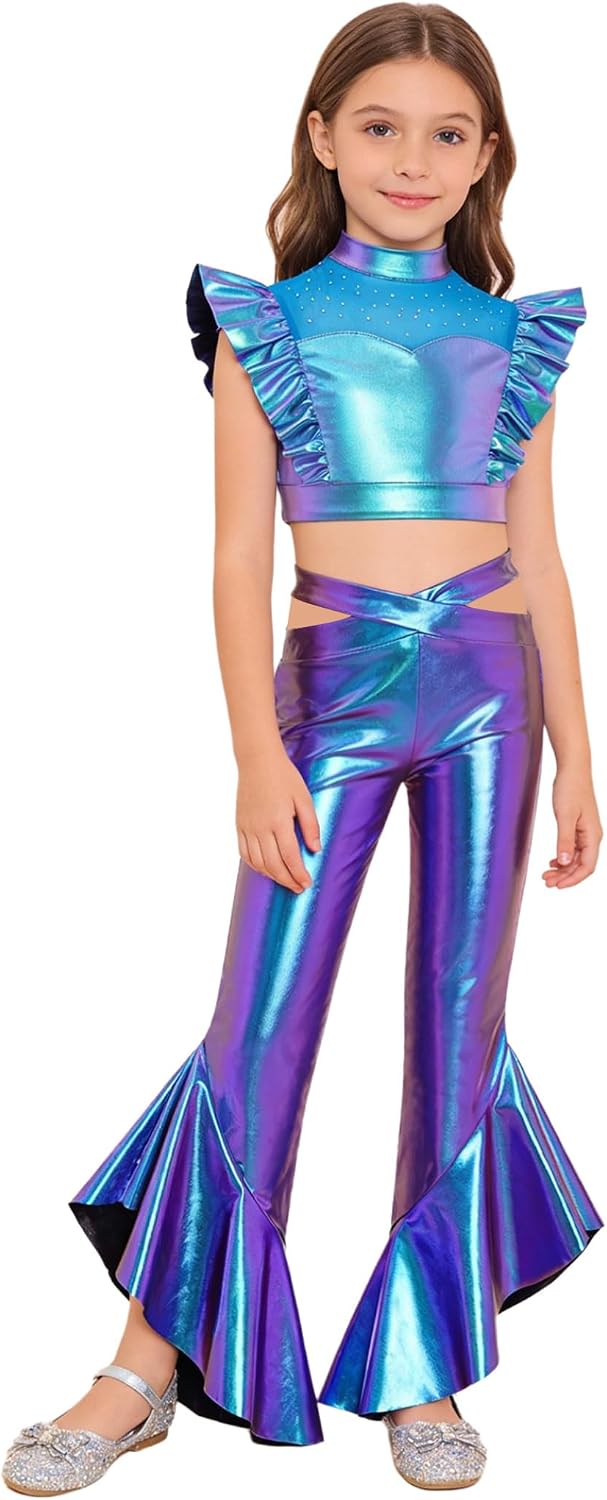 Kids Girls Disco Jazz Dance Outfit Metallic Crop Top with Bell Bottom Pants Hip Hop Street Dancewear Blue 16 Years