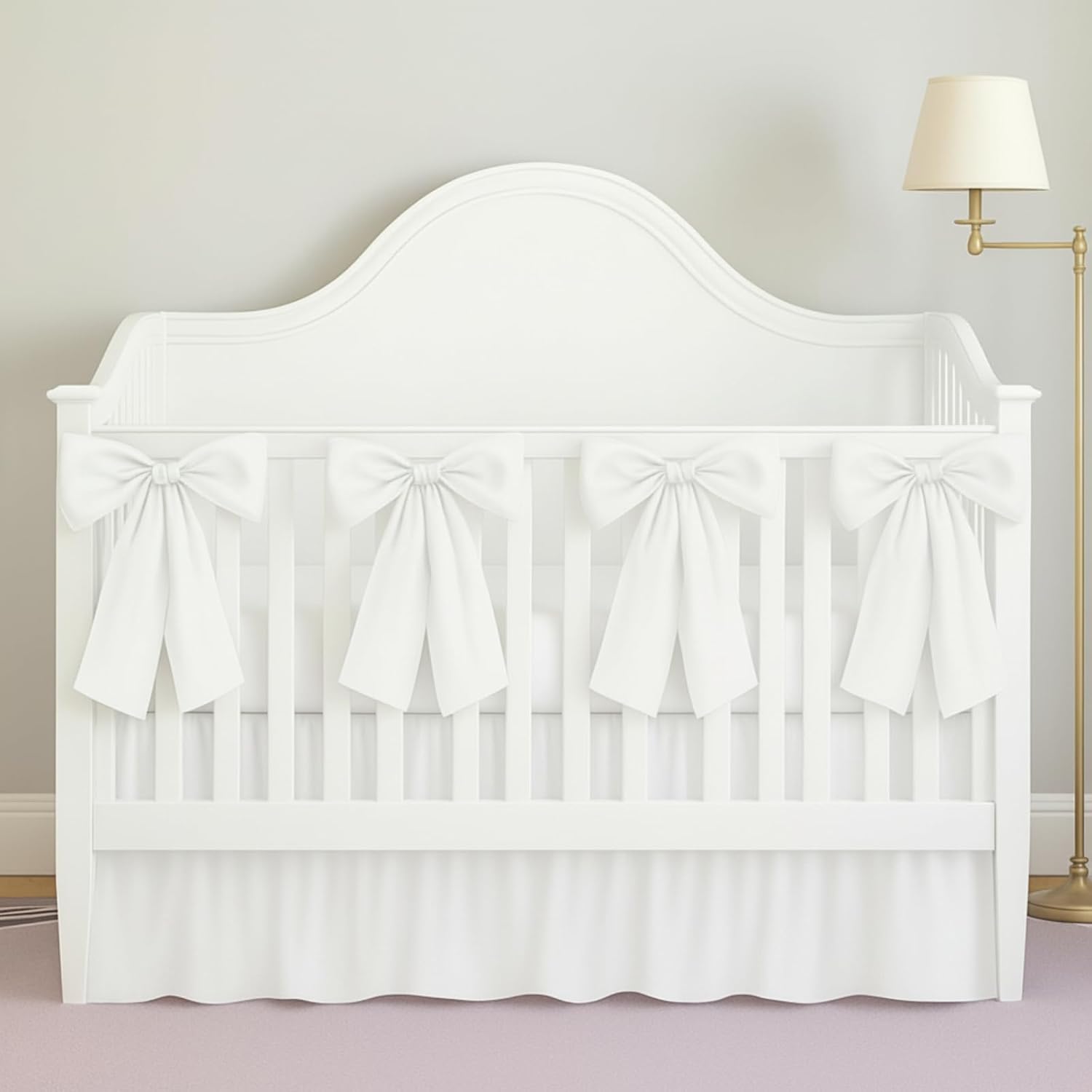 SmoothNovelty White Crib Bed Skirts with 4 Large Cot Bow 28" x 52" Baby Crib Skirt for Boys Girls Nursery Toddler Bedskirt Dust Ruffle 14" Drop(Ruffle)