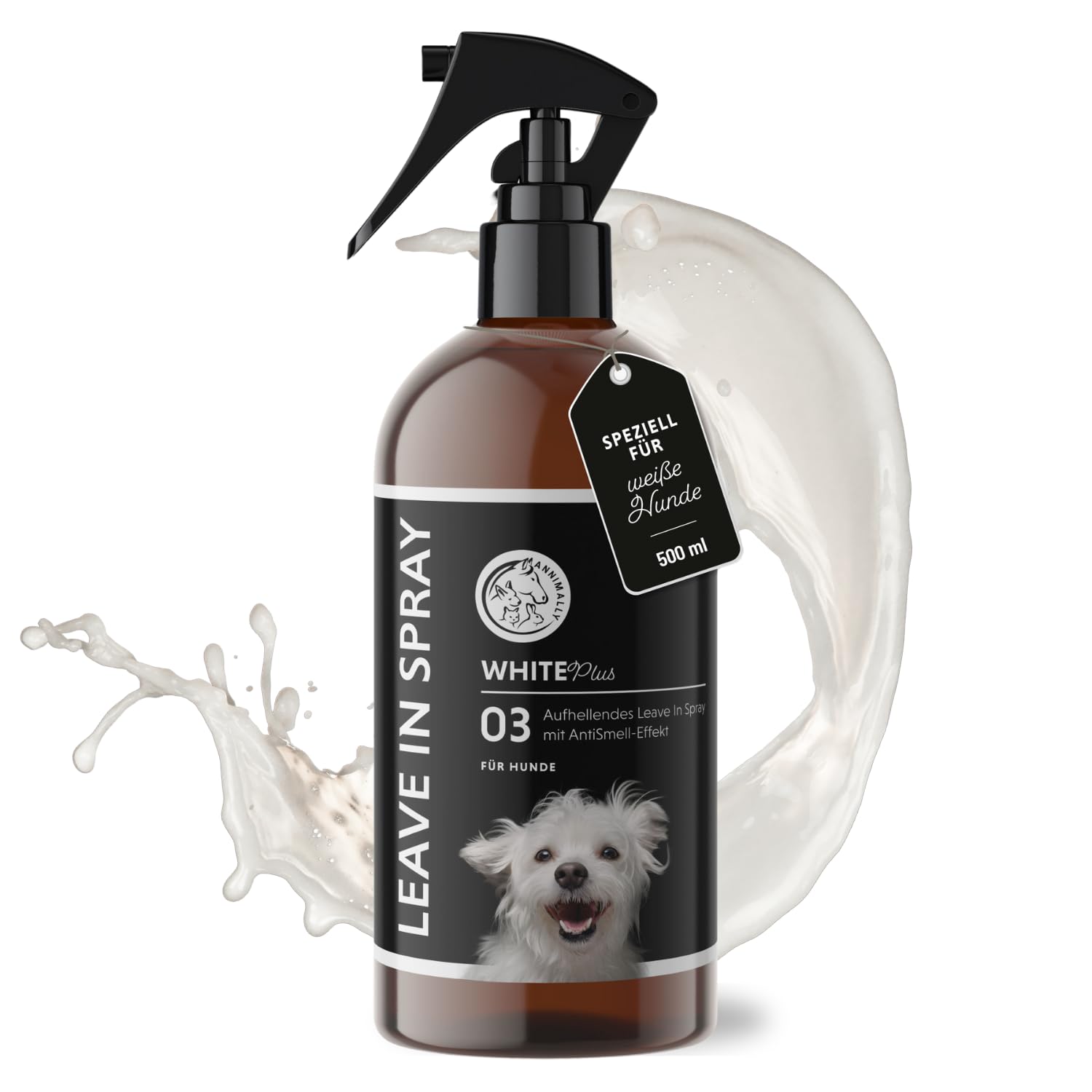 Annimally White Plus Pflegeset - Natürliches Hundeshampoo, Conditioner & Leave-In Spray mit Anti-Gelb-Effekt für weißes Fell, ph-neutrale Fleckenentfernung & Glanz ohne Bleichmittel - je 500 ml