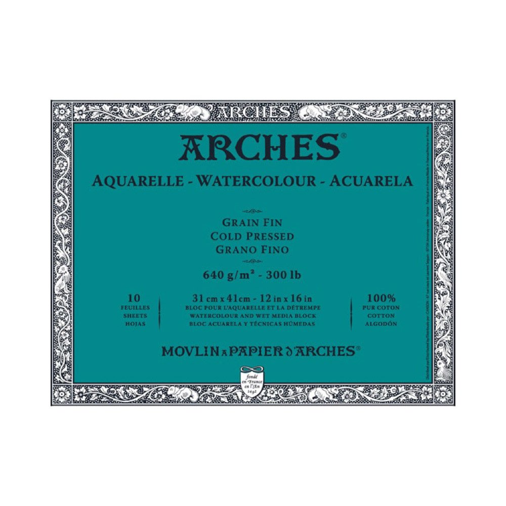Arches 1795067 Aquarellpapier im Block (31 x 41 cm, 4-seitig geleimt, 640g/m² Feinkorn) 10 Blatt naturweiß