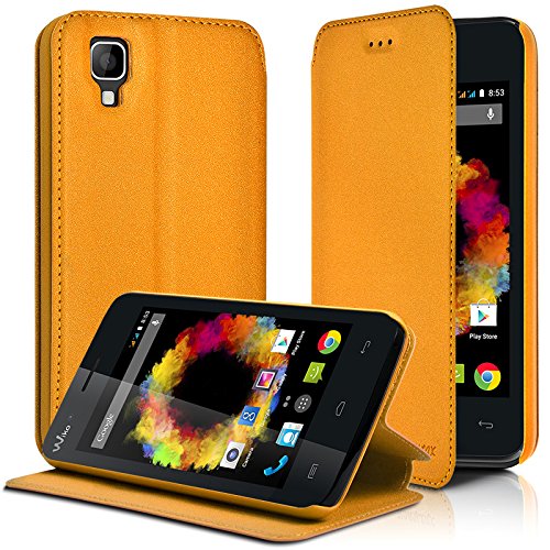 KARYLAX Seluxion - Housse Coque Etui à Rabat latéral Fonction Support Couleur Jaune foncé pour Wiko Sunset + Film de Protection