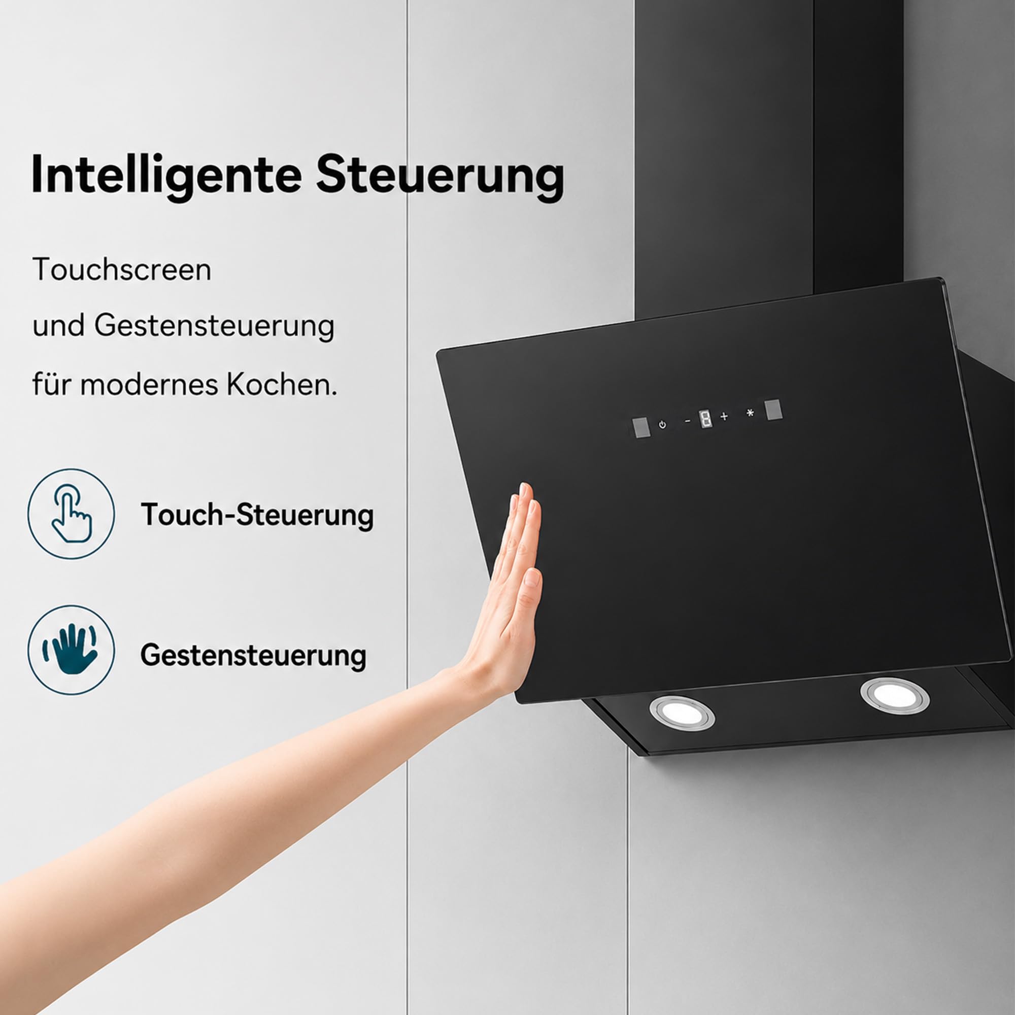 Dunstabzugshaube Schräghaube 60 cm A+++ 416 m³/h 58 dB Leise Touch- & Gestensteuerung Abluft/Umluft LED Schwarz