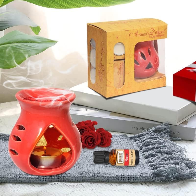 Image of Pure Source India Ceramic Aroma Oil Diffuser Gift Set with 10ML Relaxing Oil & Tealight Candles | 97 Burner for Home Fragrance & Relaxation | Ideal for Gifting & Home Decor (Red)