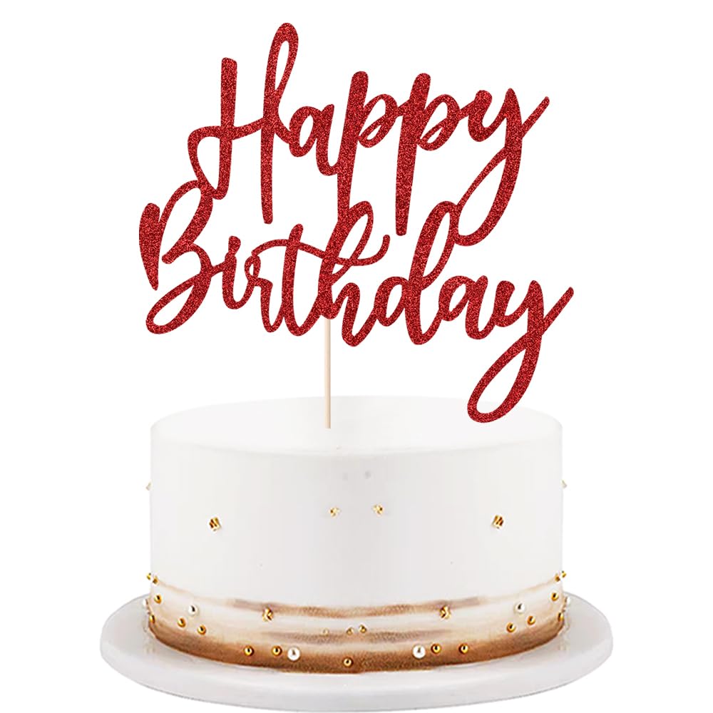 LVEUD Glitter Happy Birthday Cake Topper, Red, 1 Count, 8 Inches x 7 Inches, Glamorous Style, Suitable For Party Decoration, Birthday Occasion